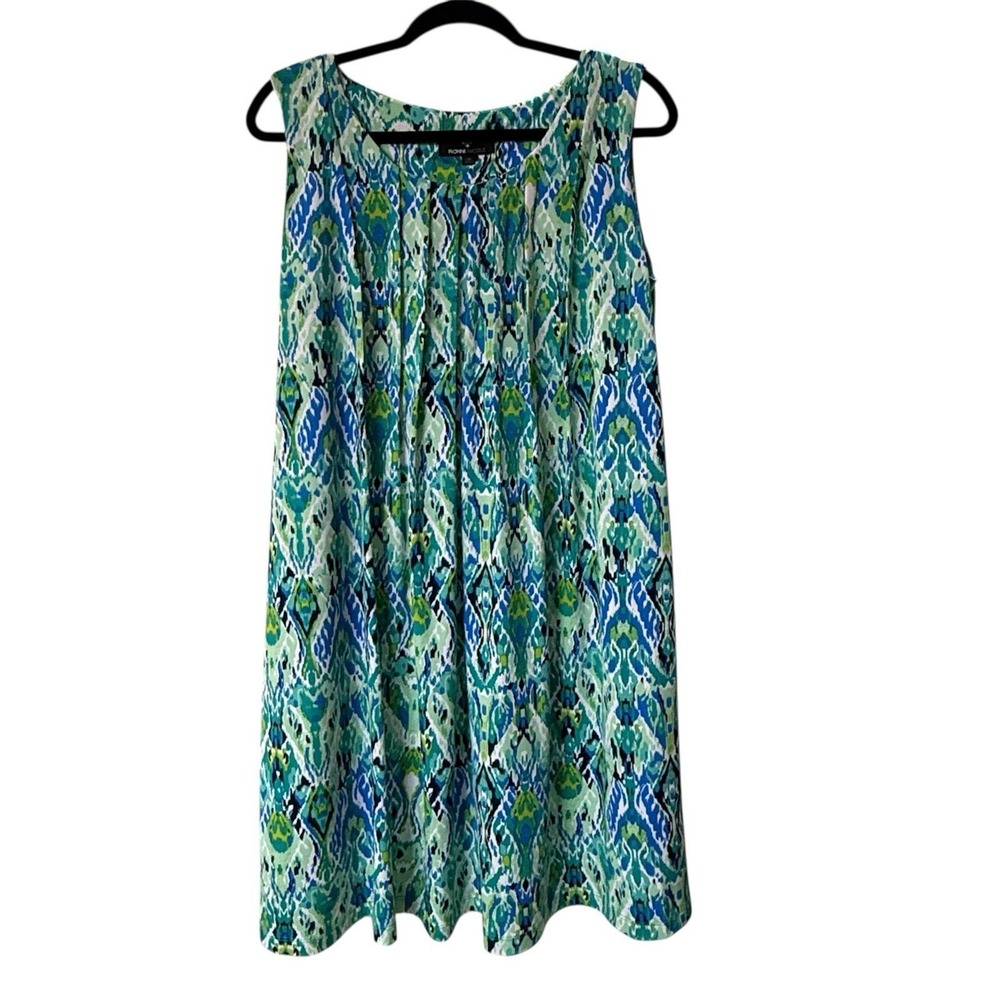 Ronni Nicole Shift Dress Womens 10 Green Blue Ikat Sleeveless Pleated Neck Boho